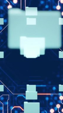 Mavi arkaplanda veri işleme animasyonu. Sosyal medya ve dijital arayüz konsepti dijital olarak oluşturulmuş video.