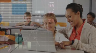 Animasyon çizelgeleri ve dünya haritası takibi yaparken öğretmen dizüstü bilgisayarı gösteriyor ve öğrenciye rehberlik ediyor. Eğitim, akıl hocalığı, işbirliği, dijital öğrenme, sınıf, veri görselleştirme, akademik