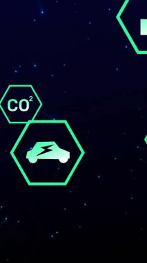 Çeşitli teknoloji ve metrikleri temsil eden altıgen simgeler, geleceksel animasyon. Teknoloji, yenilik, veri, dijital, bilgi, görselleştirme