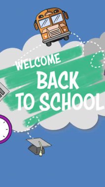 Kelimelerin animasyonu. Okula hoş geldiniz. Mavi arka planda birden fazla okul eşyası bulutların üzerinde hareket ediyor. Eğitim ve eğitim kavramı dijital olarak oluşturulmuş imaj.