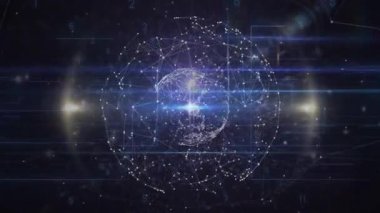 Yüzen düğümler, küre üzerinde ağ örgüsü oluşturarak veri bağlantılarını gösteren titreşen ışınlar oluştururlar. Sanal gerçeklik, fütüristik, teknoloji, veri görselleştirme, dijital ağ, siber uzay, soyut