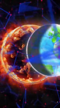 Alevler içinde parlayan bir küre, dönen gezegenler ve evrende hareket eden parlak mavi ağlar. Genel ağ bağlantıları konsepti dijital olarak oluşturulmuş resim.