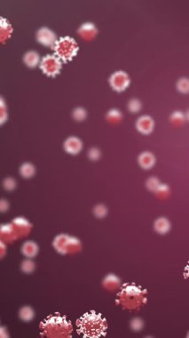 Kırmızı zemin üzerinde yüzen çoklu kırmızı covid-19 hücrelerinin dijital animasyonu. Coronavirus covid-19 salgın konsepti