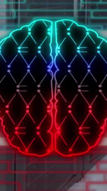 İnsan beyninin animasyonu, bilgisayar sunucularındaki bağlantılar ve veri işleme. Dijital arayüz, bulut hesaplama ve veri işleme kavramı dijital olarak oluşturuldu.