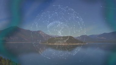 Holografik küre başlatılıyor ve göl üzerinde dönen zayıf noktalar görselleştirici ağ bağlantıları oluşturuyor. Fütürist, dijital, yenilikçi, teknoloji, kavramsal, gösterişli, sürükleyici