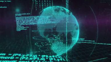 Parlayan kablo küresi açılıyor. Dönüyor, kod yayılıyor ve görselleştirmek için magenta ışını kesiliyor. Teknoloji, veri görselleştirme, dijital arayüz, fütüristik, siber alan, ağ, yenilik