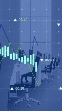 Boş ofise karşı şebeke üzerinden veri işleme animasyonu. Bilgisayar arayüzü ve iş veri teknolojisi kavramı