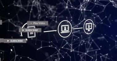 Mobil simge ortaya çıkıyor, bağlantı cihazları bağlanıyor, abone oluyor, etkileşimli etiketleri gösteriyor ve kaybolan ağı gösteriyor. Teknoloji, bağlantı, dijital, yenilik, siber, geleceksel, arayüz