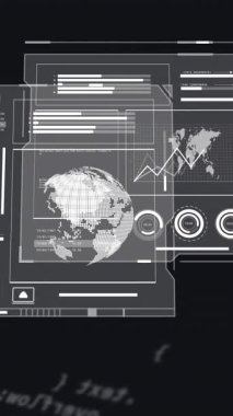 Karanlık bilgisayar sunucu odasında dosyalar, grafikler, küre ve veri işleme. Küresel iletişim, dijital arayüz ve veri ağı teknolojisi, dijital olarak oluşturulmuş video.