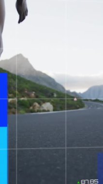 Animation of graphs over african american man running outdoors. Sport, fitness and technology concept digitally generated video.