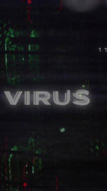 Veri işleme ve sunucu odası üzerinden virüs metninin animasyonu. Teknoloji ve dijital arayüz kavramı dijital olarak oluşturuldu.