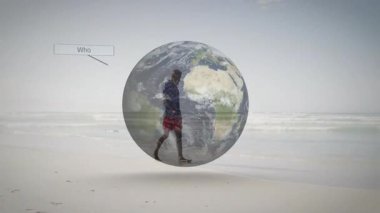 Adam sol tarafa giriyor. Üzerinde etiketler ve kabuk büken uçaklar olan dönen bir teknoloji küresinin altında yürüyor. Macera, keşif, yenilik, bağlantı, keşif, seyahat, ilham