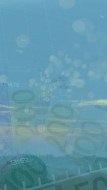 Hareket eden noktalar ve avro banknotlarının üzerindeki grafiklerin animasyonu. Para, finans, ekonomi ve teknoloji konsepti dijital olarak oluşturulmuş video.