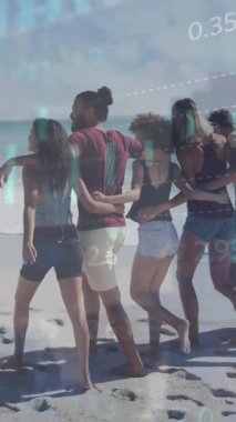 Animation of financial data processing over friends on beach. Global holiday, finance, computing, connections and data processing concept digitally generated video.