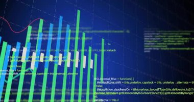 Başlangıçta yeşil mavi çubuklar 3D ızgara düzlem oluştururken kod kaydırma eğilimleri oluşturur. Analizler, veri görselleştirme, bilgi grafikleri, dijital, geleceksel, teknoloji, arayüz