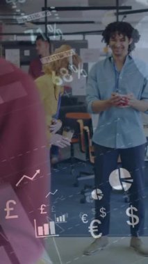 Animation of financial data processing over diverse business people in office. Global business, finances, computing and data processing concept digitally generated video.