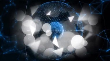 Dijital alan beliriyor, dünyayı döndürmeye başlıyor, küre titreşiyor ve şekiller bağlantıları gösteriyor. Gelecek, teknoloji, bağlantı, soyut, dijital, ağ, yenilik