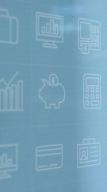 Animation of data processing and icons over diverse business people working in office. Global business, finances, computing and data processing concept digitally generated video.