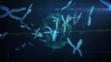 Simülasyon başlatılıyor. Parlak kromozomlar araştırma için çift sarmal halinde sürükleniyor. Fütürist, bilim, teknoloji, moleküler, görselleştirme, soyut, yenilik