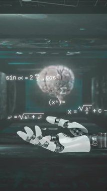 Robotun kolu ve beyni üzerinde bilimsel veri işleme animasyonu. Küresel yapay zeka, bilim, bağlantılar, hesaplama ve veri işleme kavramı dijital olarak oluşturulmuş video.