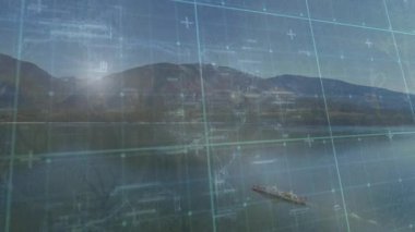 Gündoğumu gölü üzerinde kaybolan turkuaz şebeke, kargo gemisinin konumunu darbe düğümleriyle eşleştiriyor. Manzara, teknoloji, navigasyon, deniz, çevre, görselleştirme, geleceksel