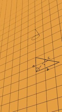 Matematiksel denklemlerin turuncu arkaplan ile ızgara ağı üzerinden animasyonu. Okul ve eğitim teknolojisi kavramı