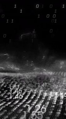 Finansal veri işleme ve siyah arkaplan üzerinde ikili kodlama animasyonu. Küresel iş, finans, dijital arayüz, hesaplama ve veri işleme kavramı dijital olarak oluşturulmuş video.