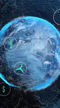 Siyah arka planda dönen dünya üzerinde veri işlemenin dijital animasyonu. Dijital arayüz teknolojisi ve ağ konsepti dijital olarak oluşturuldu.