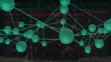 Teal Ağı grafiği dönerek zayıflıyor ve teknolojik UI 'daki kırmızı kodu vurgulayan kümeleri vurguluyor. Teknoloji, veri görselleştirme, fütüristik, siber güvenlik, dijital arayüz, soyut, yenilik