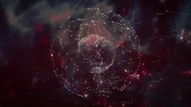 Koyu sis küre oluşmaya başlıyor, küre dönen düğümler ağ görüntüsü için kırmızı fişekler oluşturuyorlar. Sanal, geleceksel, sibernetik, soyut, dijital, teknolojik, ağ