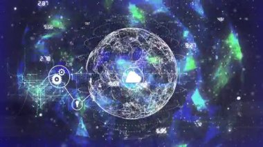 Dönen halkalar şebekelerin kablo küreye dönüşmesine neden oluyor, ağ görünümü için simgeler ortaya çıkıyor. Teknoloji, bağlantı, dijital, gelecek, yenilik, siber alan, veri