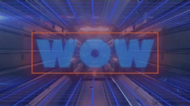 3D mavi WOW metin solgunlaşması turuncu taslak çizimi tetikler, koridor ızgarası görsel etki için titreşir. Fütürist, teknoloji, neon, bilim kurgu, dijital, yenilik, boşluk