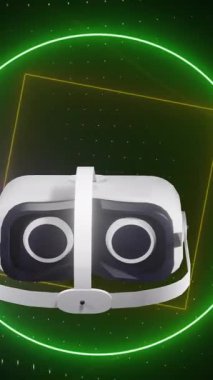 Siyah arkaplanda hareket eden parlak neon şekiller üzerindeki vr kulaklığın animasyonu. Dijital olarak oluşturulmuş küresel sanal gerçeklik, veri işleme, hesaplama ve dijital arayüz kavramı.