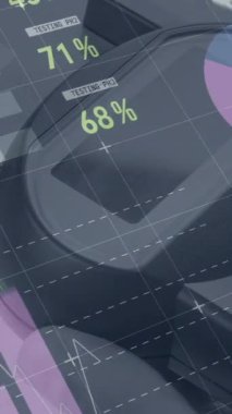 Beyaz adamın ödeme terminali üzerinden grafiklerin ve finansal verilerin animasyonu. finans, ekonomi, temassız ödemeler ve dijital olarak üretilen teknoloji konsepti.