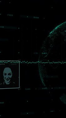 Siyah uzayda kullanıcı fotoğrafları, dünya ve veri işleme animasyonları. Sosyal medya, ağ, iletişim ve veri güvenliği konsepti dijital olarak oluşturulmuş video.