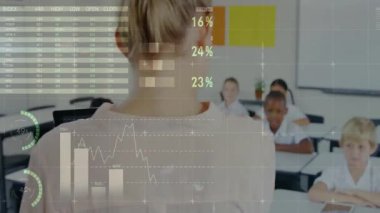 Sınıfta öğretmenlerin tablete dokunması, bar çizelgeleri oluşturması sonra dünya haritası, öğrencilerin el kaldırması. Eğitim, teknoloji, öğrenme, dijital, sınıf, sunum, etkileşim