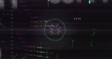Arayüz açma, güvenlik tehditlerini görselleştirme, canlandırma kodu ve neon devreler çerçeveleme böcek simgesi. Siber güvenlik, dijital, fütüristik, teknoloji, izleme, şifreleme, hacker