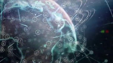 Veri simgeleri zayıflarken ve ağ akışını gösterirken noktalı dünya dönüyor. Gelecekçi, küresel, ağ, yenilik, bağlantı, teknoloji, dijital