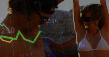 Sahildeki kadına uzanan bir adam. Cesetler arasında kayan grafikler. Mali eğilimi gösteriyor. Romantik, macera, canlılık, bağlantı, enerji, açık hava, canlı