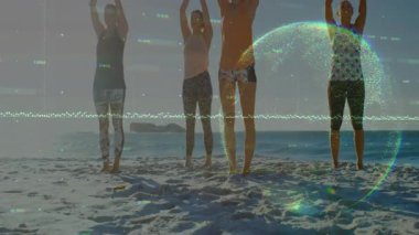 Sahilde kollarını kaldıran dört kadın yoga sırasında sağlık verileri örtüşüyor ve parlayan bir küre oluşturuyor. Dinginlik, farkındalık, bağlantı, manevi, uyum, sağlık, tefekkür