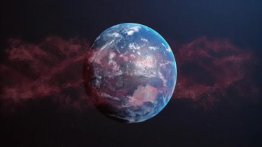 Kırmızı nebula soldan çıkarken mavi gezegen yavaşça dönüyor ve ekvatoru çerçevelemek için kaplıyor. Kozmos, astronomi, göksel, fütüristik, bilim kurgu, uzay sanatı, gezegen