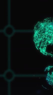 Karanlık arka planda dönen dünyanın animasyonu. Küresel bilim, bağlantılar, veri işleme ve dijital arayüz kavramı dijital olarak oluşturulmuş video.