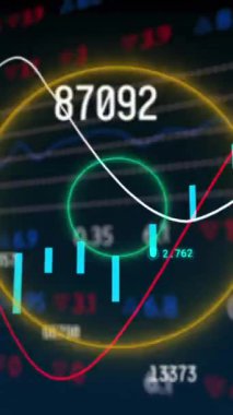 İstatistiksel, borsa veri işleme üzerinde kusursuz desenli dairesel neon şekillerin animasyonu. Küresel ekonomi ve iş veri teknolojisi kavramı