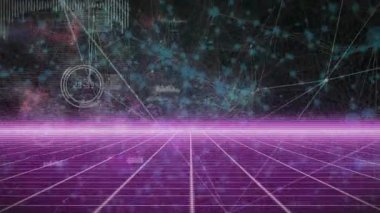 Retro ızgara parlayan morumsu ufka açılıyor, düğümler sürükleniyor, ağ verilerini gösteren HUD halkaları var. Gelecekçi, siber, soyut, dijital, neon, teknoloji, görselleştirme