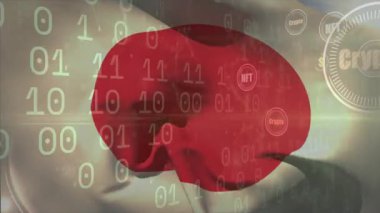 Bayrak dalgalanması NFT $ikonlarının yükselmesi ve finans için kripto göstergesi titreşimleri gönderiyor. Ulusal bayrak, dijital arayüz, holografik, finansal teknoloji, kripto para birimi, engelleme zinciri, veri görselleştirme