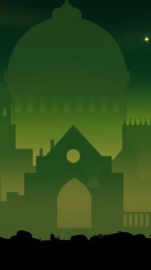 Yeşil arka planda şehir manzarasının siyah siluetinin animasyonu. Doğa, hava ve tropikal manzara konsepti dijital olarak oluşturulmuş video.