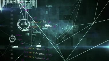 Kabloların kayması, düğümlerin düşmesi, dalga biçimlerinin kayması, kod güncellemesi ile ağ grafiği animasyonu. Siber güvenlik, veri görselleştirme, dijital ağ, teknoloji, siber saldırı, bilgi güvenliği, fütürist