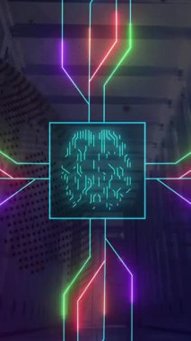 Devre kartı modelinin animasyonu, kare beyin, sunucu odasının düşük açılı görüntüsüne karşı dünya. Dijital bileşim, küreselleşme, yapay zeka, ağ oluşturma, teknoloji ve ağ sunucusu.