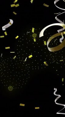 Siyah arka planda parti flamaları ve konfeti animasyonu. Yeni yıl, yeni yıl arifesi, parti, kutlama ve geleneksel konsept dijital olarak oluşturulmuş video.