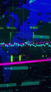 Dünya haritası üzerinde istatistik ve finansal veri finansal veri işleme animasyonları. Dijital olarak oluşturulan küresel iletişim ve veri konsepti.